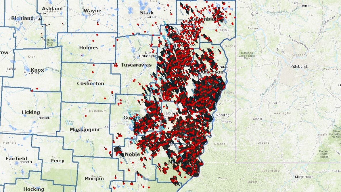 A screenshot from an interactive tool on the Ohio Department of Natural Resources website shows the oil and gas wells active across the Utica basin.