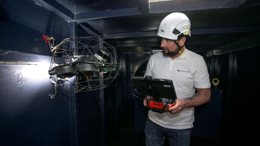 Interocean NDT Inspector and UAV Pilot, Alex Wilson, demonstrates the Elios 3 UT drone.