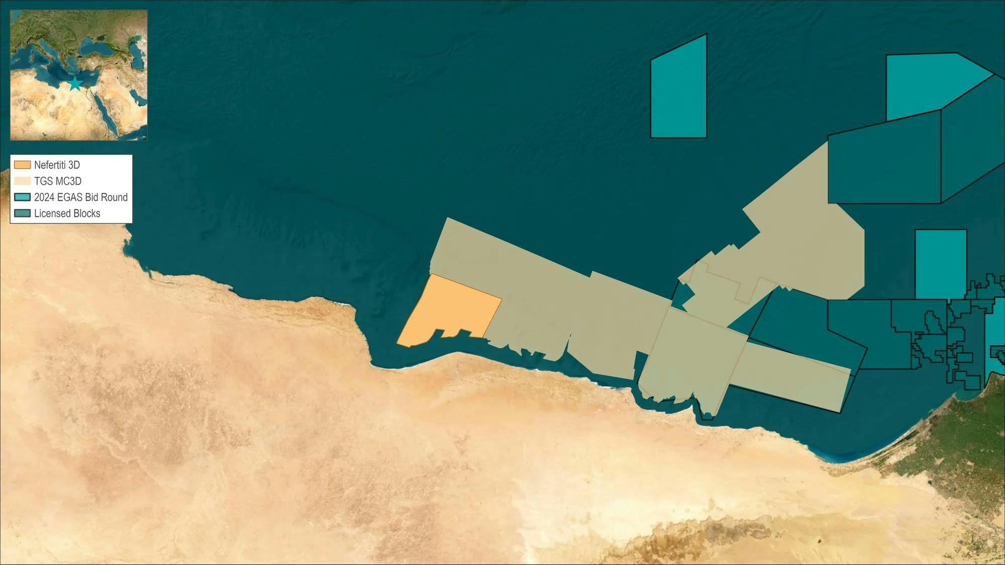 The map shows the location of the Nefertiti multi-client 3D seismic survey and additional TGS 3D multi-client seismic data coverage in the region.