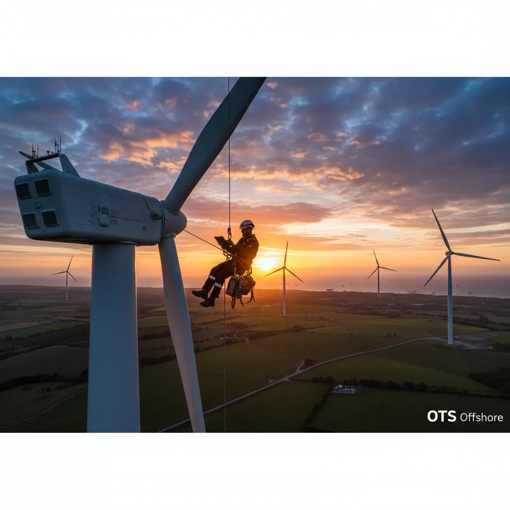 Kỹ thuật viên treo mình trên tuabin gió khi kiểm tra.